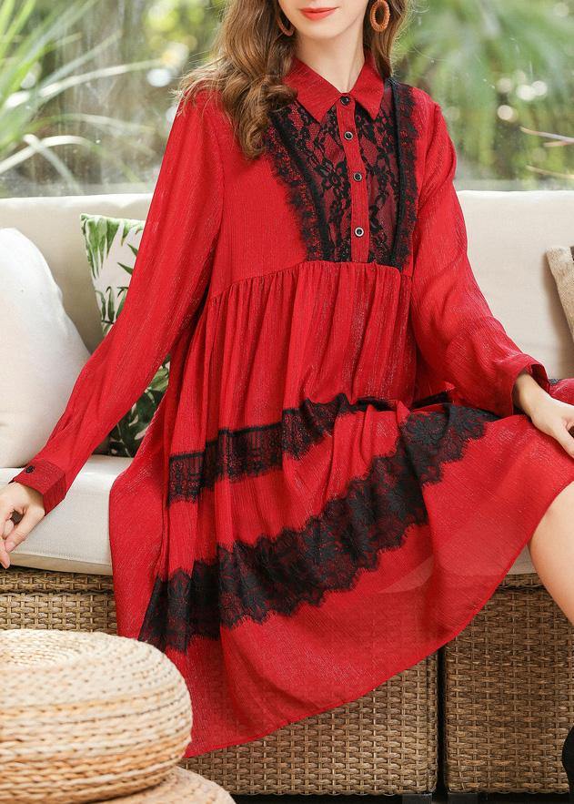 Modern Red Patchwork Peter Pan Collar Chiffon Summer Dresses - SooLinen