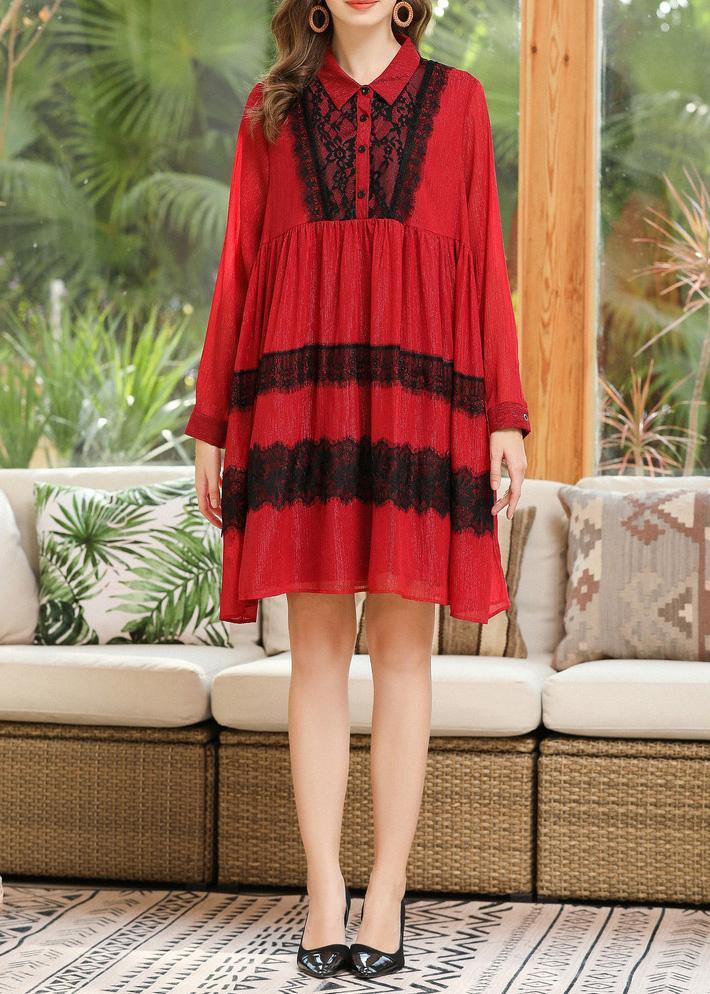 Modern Red Patchwork Peter Pan Collar Chiffon Summer Dresses - SooLinen