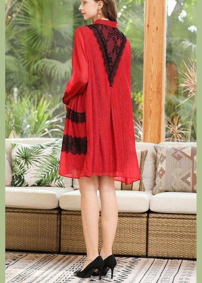 Modern Red Patchwork Peter Pan Collar Chiffon Summer Dresses - SooLinen