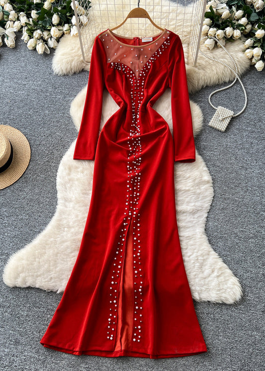 Modern Red Pearl Patchwork Side Open Party Dress Fall