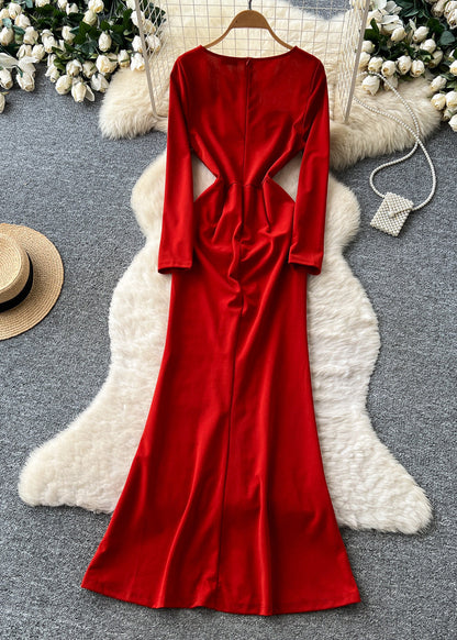 Modern Red Pearl Patchwork Side Open Party Dress Fall