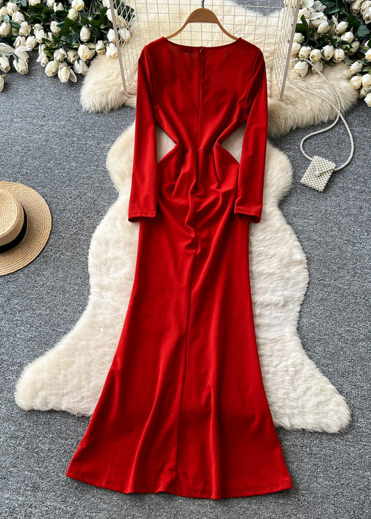 Modern Red Pearl Patchwork Side Open Party Dress Fall