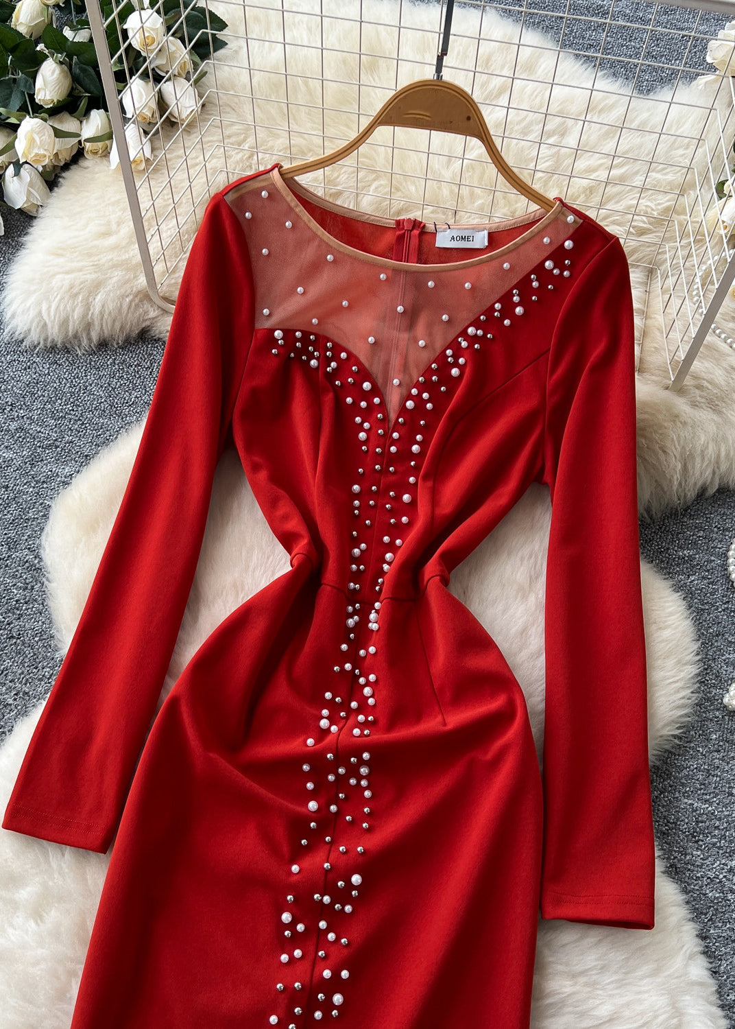Modern Red Pearl Patchwork Side Open Party Dress Fall