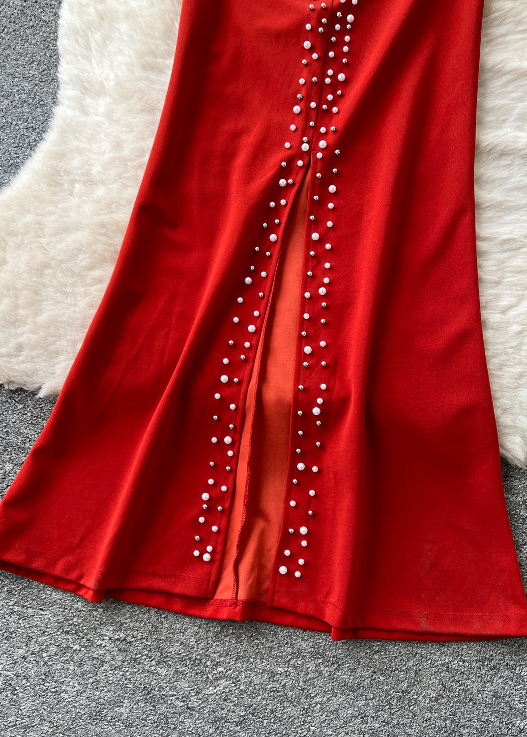 Modern Red Pearl Patchwork Side Open Party Dress Fall