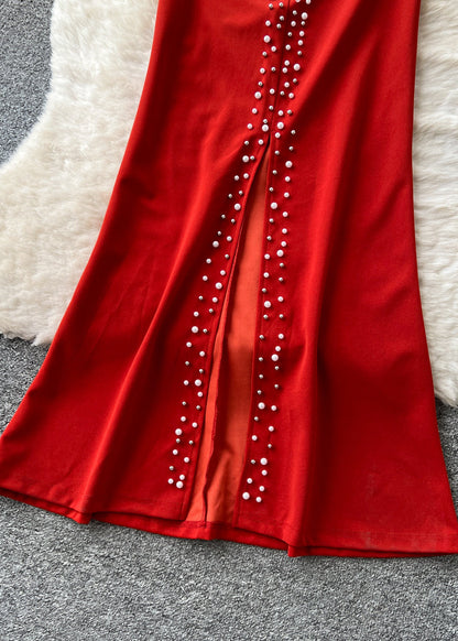 Modern Red Pearl Patchwork Side Open Party Dress Fall