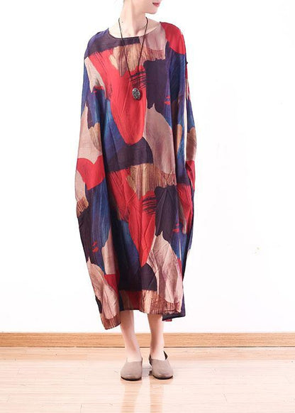 Modern Red Print O-Neck Loose Long Chiffon Dress - SooLinen