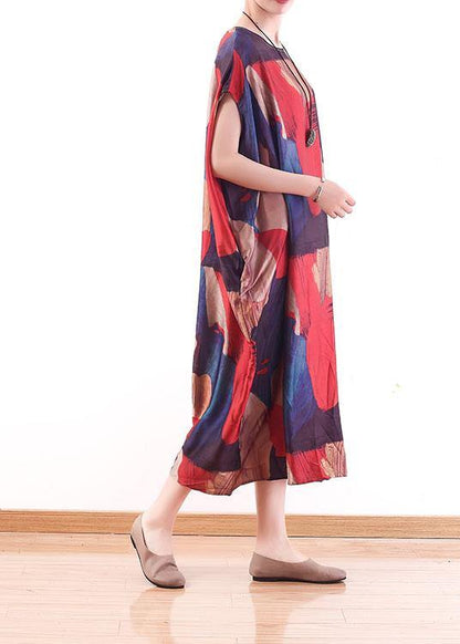 Modern Red Print O-Neck Loose Long Chiffon Dress - SooLinen