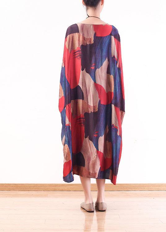 Modern Red Print O-Neck Loose Long Chiffon Dress - SooLinen