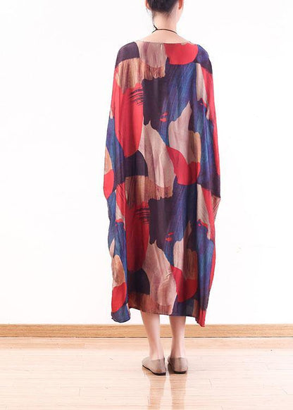 Modern Red Print O-Neck Loose Long Chiffon Dress - SooLinen