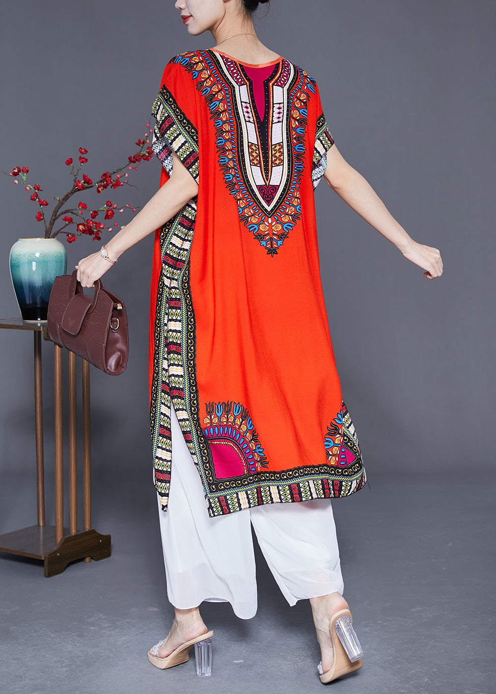 Modern Red Print Side Open Cotton Maxi Dress Summer