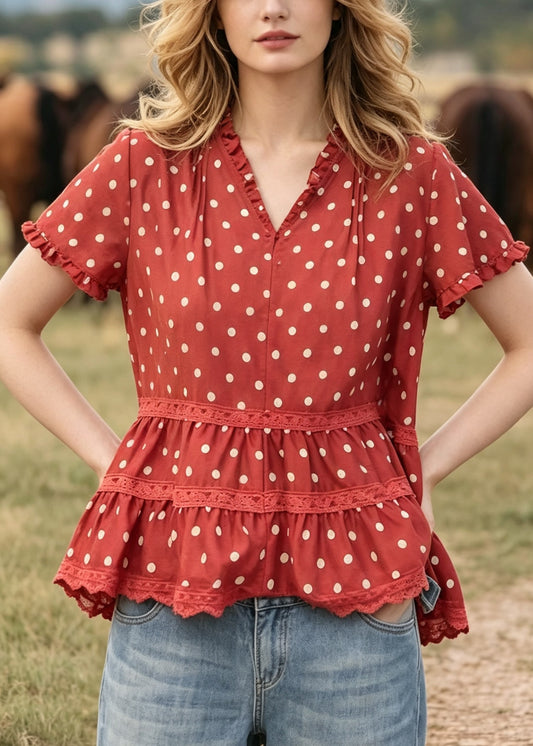 Modern Red Ruffled Print Cotton Top Summer