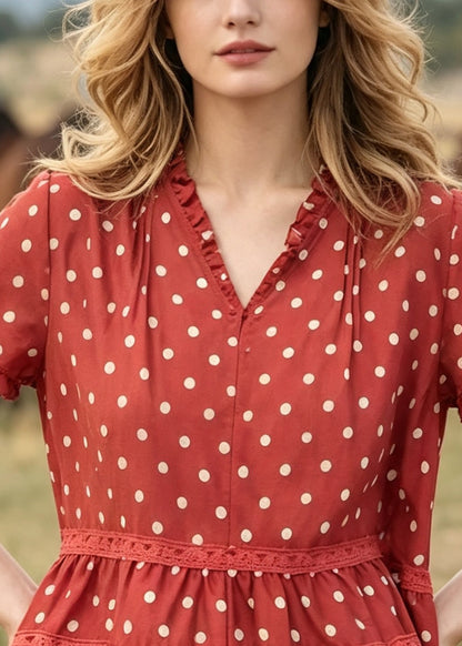 Modern Red Ruffled Print Cotton Top Summer