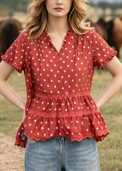 Modern Red Ruffled Print Cotton Top Summer