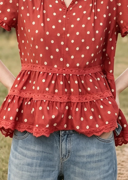 Modern Red Ruffled Print Cotton Top Summer
