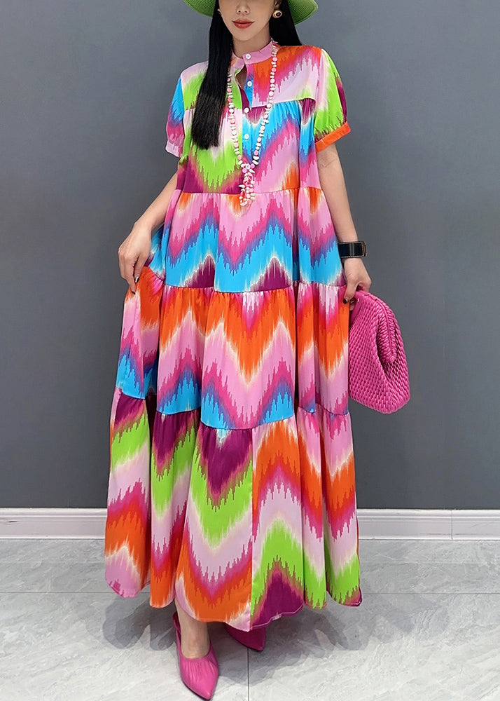 Modern Red Stand Collar Print Long Dress Summer