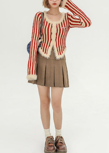 Modern Red Striped Patchwork Faux Fur Knit Coat Winter