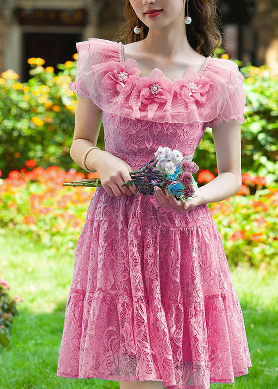 Modern Rose Floral Lace Mini Dress Summer