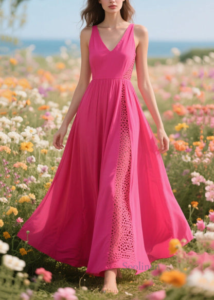 Modern Rose Patchwork Hollow Out Chiffon Long Dress Summer