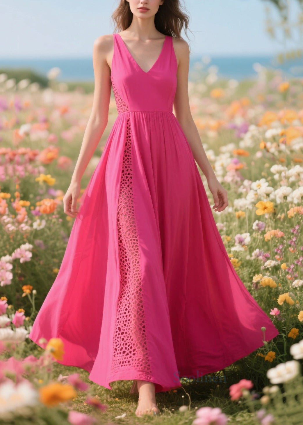 Modern Rose Patchwork Hollow Out Chiffon Long Dress Summer
