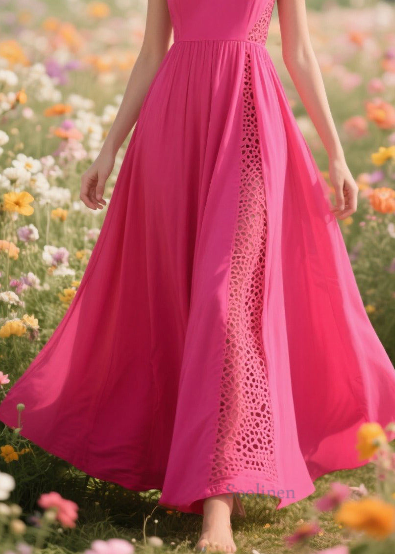 Modern Rose Patchwork Hollow Out Chiffon Long Dress Summer