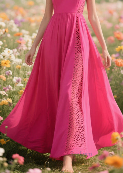 Modern Rose Patchwork Hollow Out Chiffon Long Dress Summer