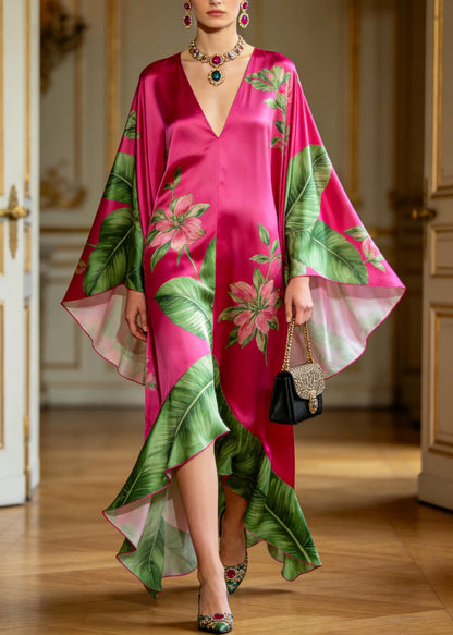 Modern Rose Print Low High Design Silk Long Dresses Batwing Sleeve
