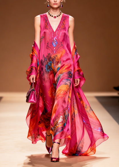 Modern Rose Print Rhinestone Sparkly Chiffon Party Dress Summer