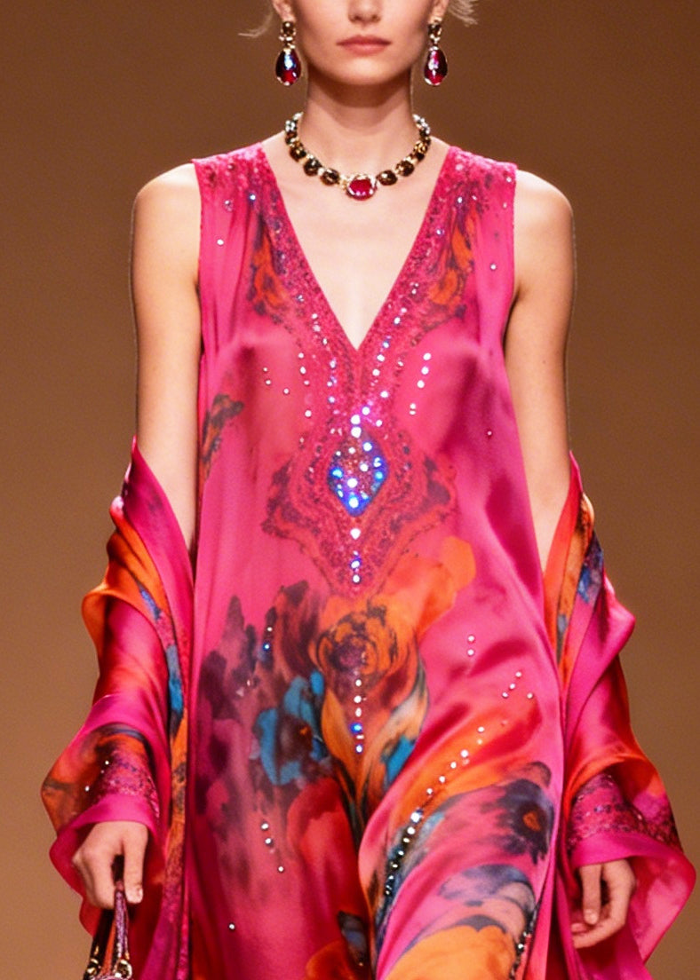 Modern Rose Print Rhinestone Sparkly Chiffon Party Dress Summer