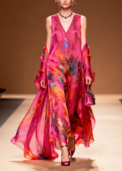 Modern Rose Print Rhinestone Sparkly Chiffon Party Dress Summer