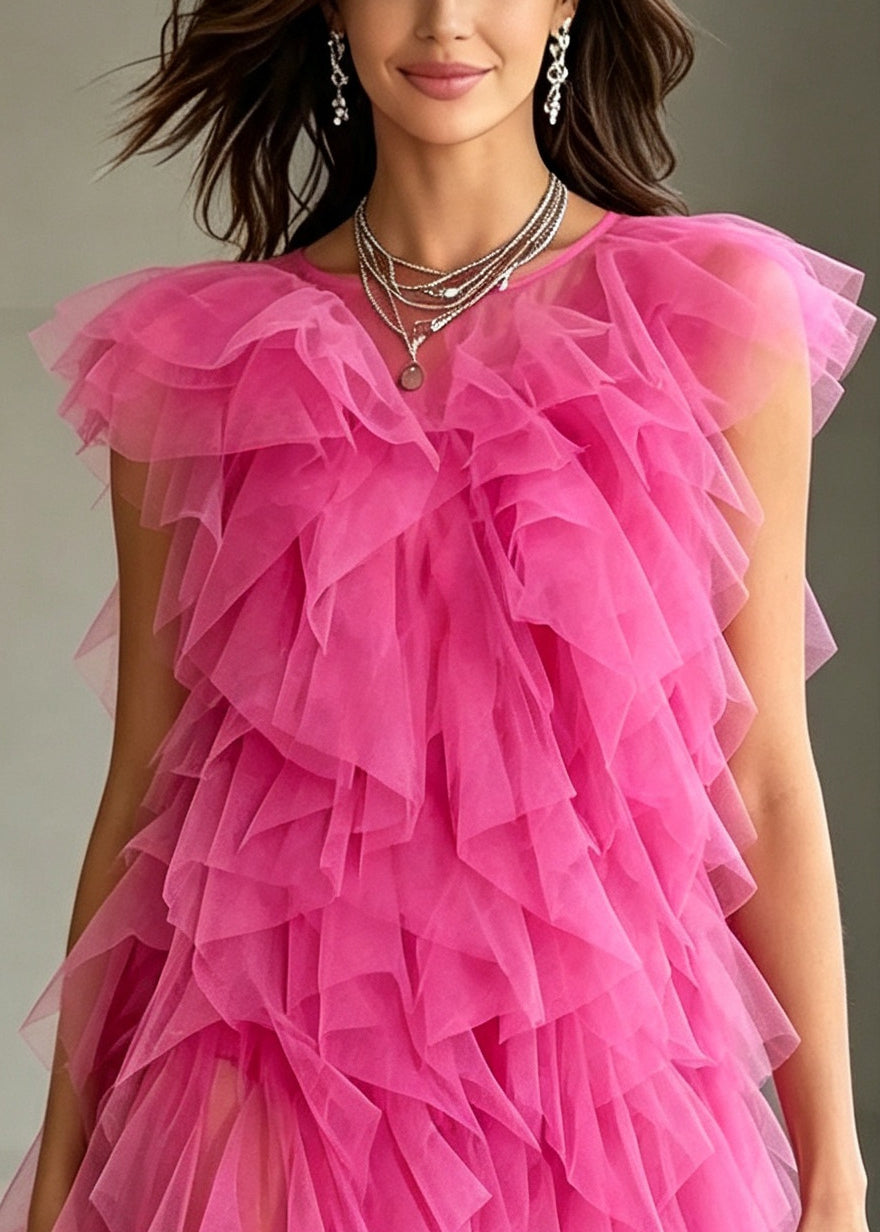 Modern Rose Ruffled Tulle Mini Dress Summer