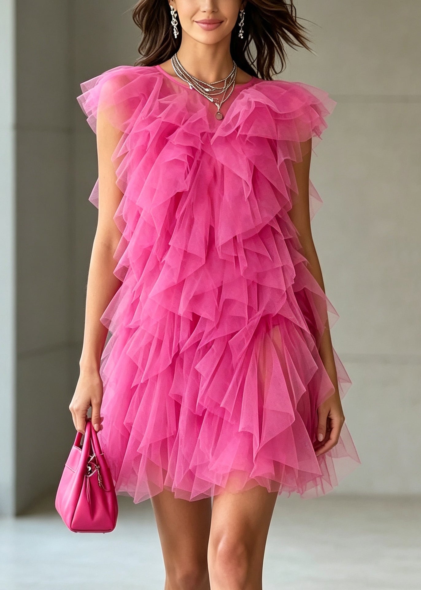 Modern Rose Ruffled Tulle Mini Dress Summer