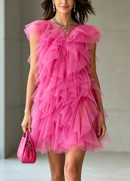 Modern Rose Ruffled Tulle Mini Dress Summer