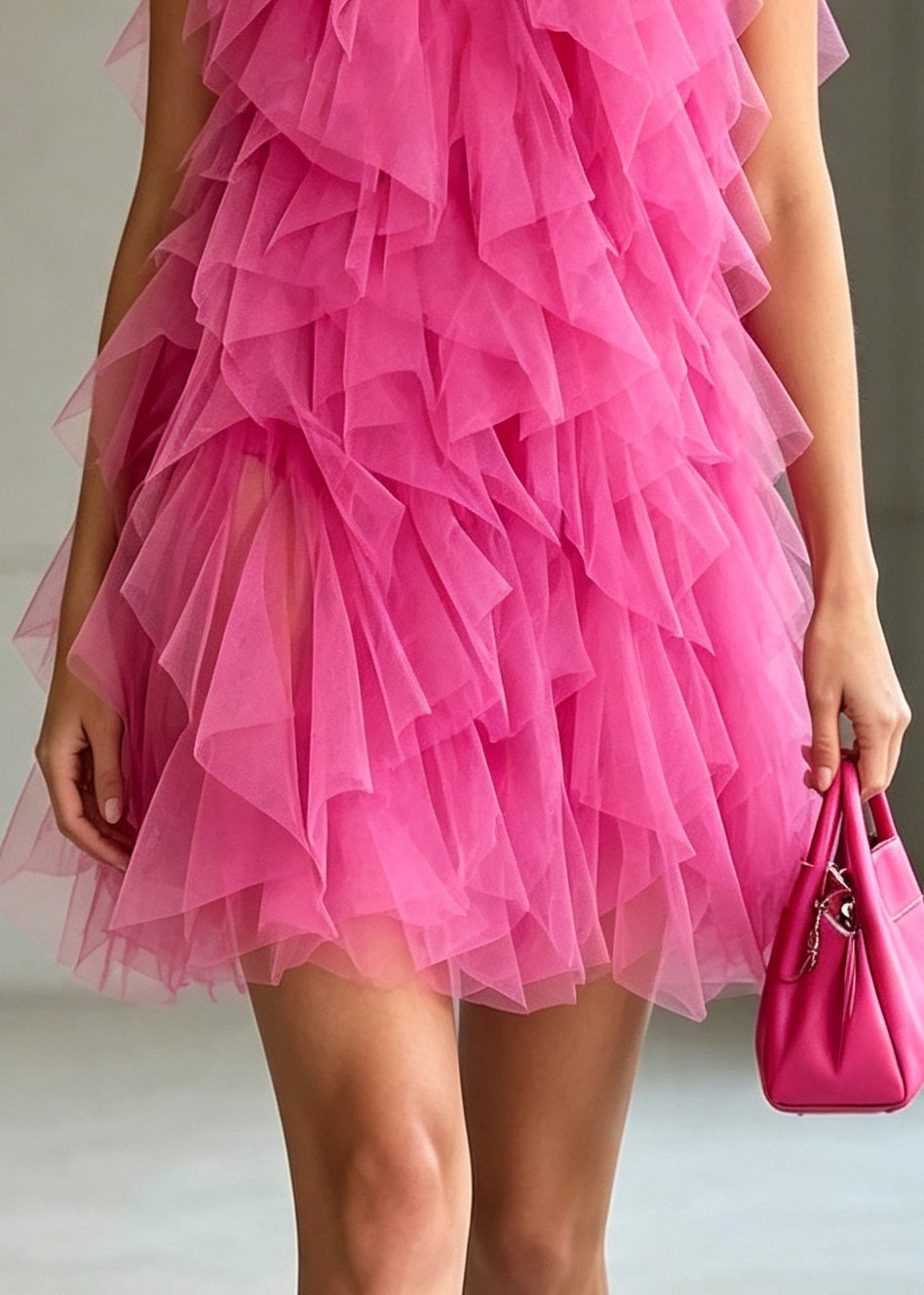 Modern Rose Ruffled Tulle Mini Dress Summer