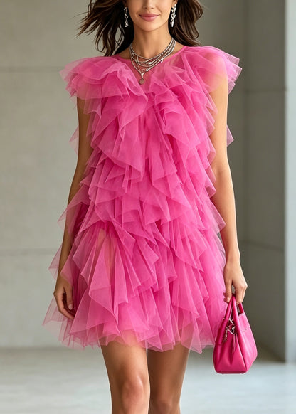 Modern Rose Ruffled Tulle Mini Dress Summer