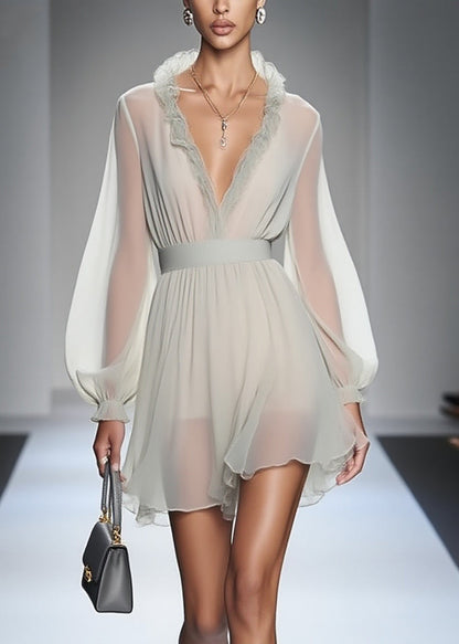 Modern Ruffled Patchwork Solid Chiffon Mid Dress Lantern Sleeve
