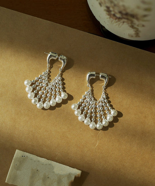 Modern Silk Copper Overgild Pearl Tassel Hoop Earrings