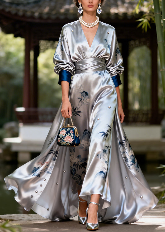 Modern Silvery Print Exra Large Hem Nail Bead Silk Party Dress Fall