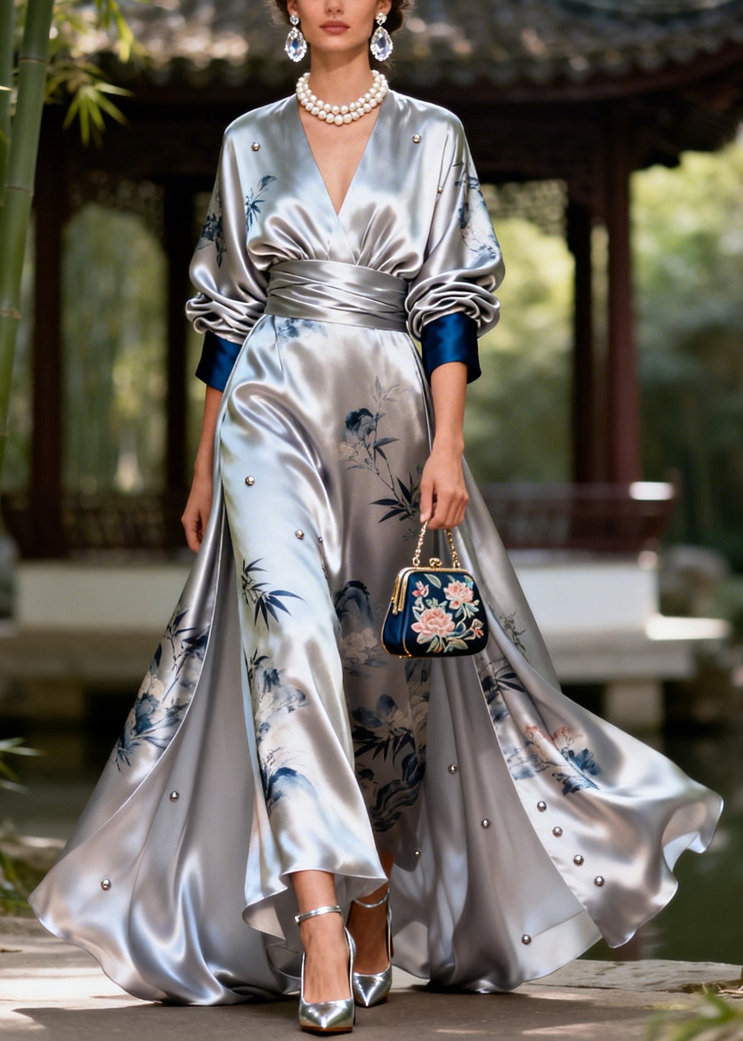 Modern Silvery Print Exra Large Hem Nail Bead Silk Party Dress Fall