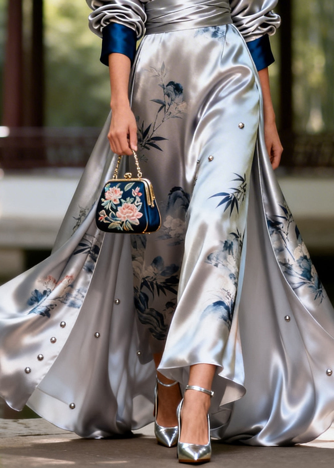 Modern Silvery Print Exra Large Hem Nail Bead Silk Party Dress Fall