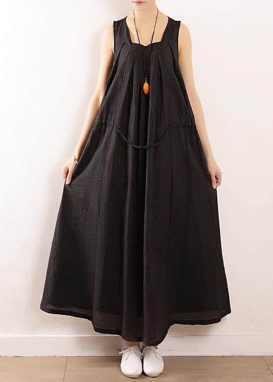 Modern Sleeveless drawstring linen clothes plus size design black cotton Dress Summer - SooLinen