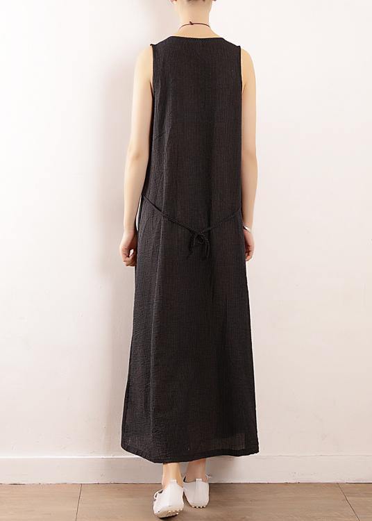 Modern Sleeveless drawstring linen clothes plus size design black cotton Dress Summer - SooLinen