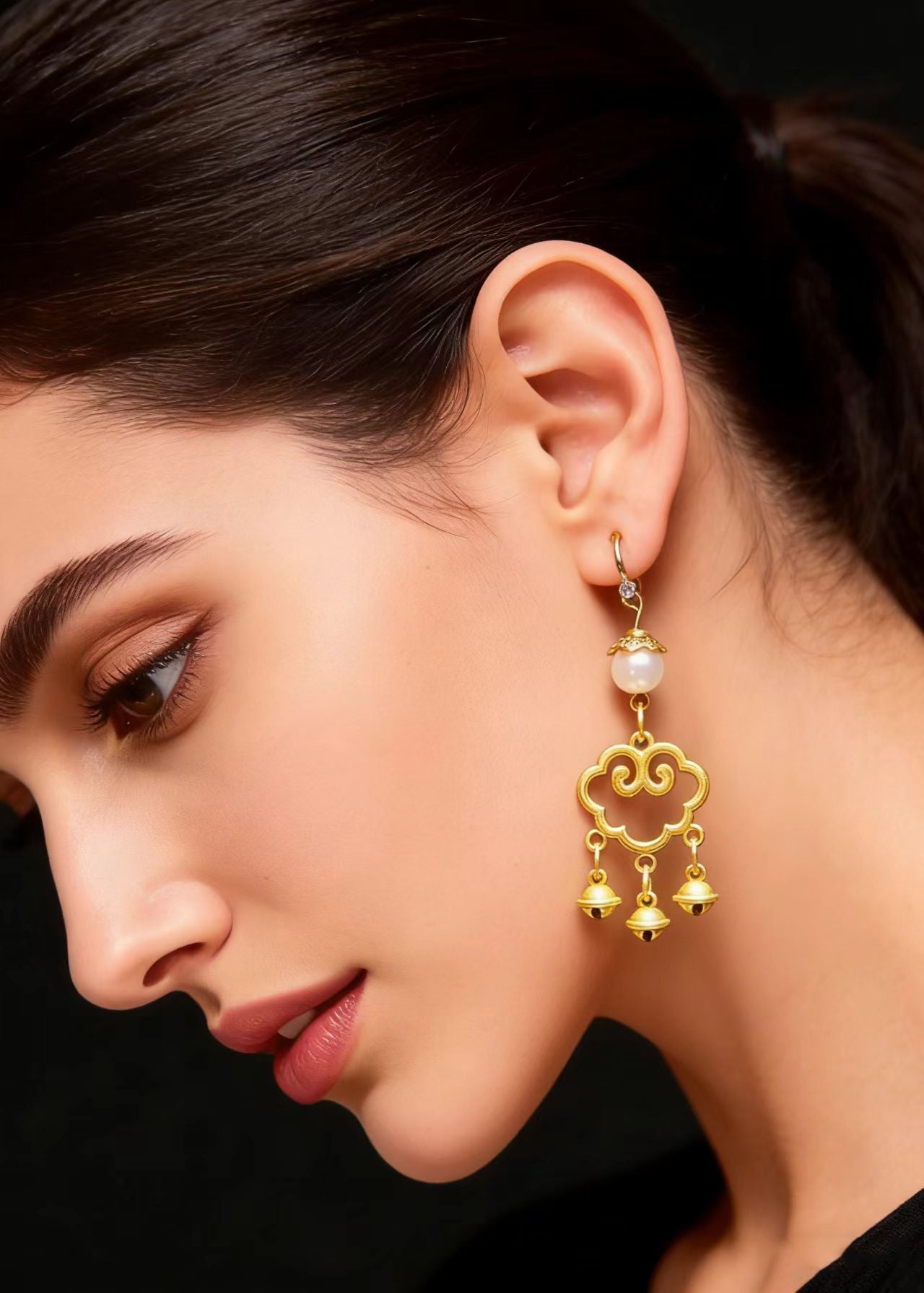 Modern Small Bell Auspicious Clouds 14K Gold Pearl Drop Earrings