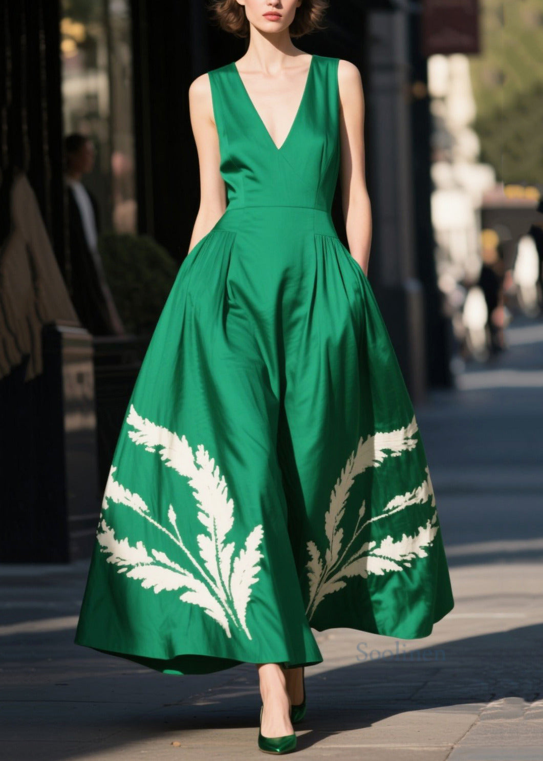 Modern Tea Green Print Cotton Party Dress Summer