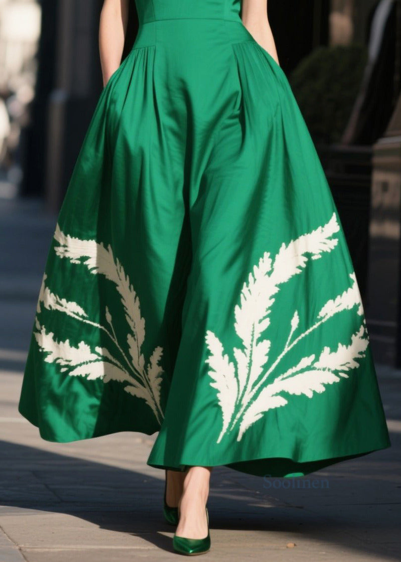 Modern Tea Green Print Cotton Party Dress Summer