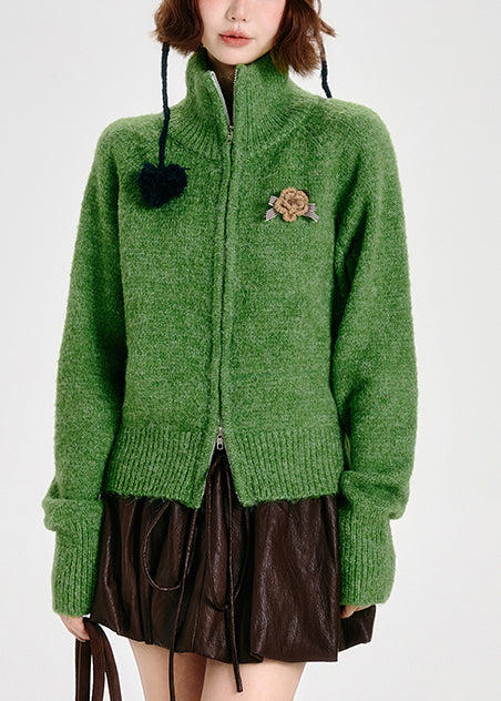 Modern Tea Green Zip Up Floral Knit Cardigans Winter
