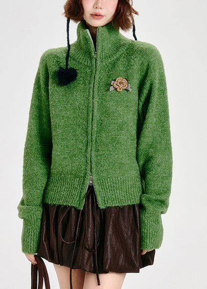 Modern Tea Green Zip Up Floral Knit Cardigans Winter