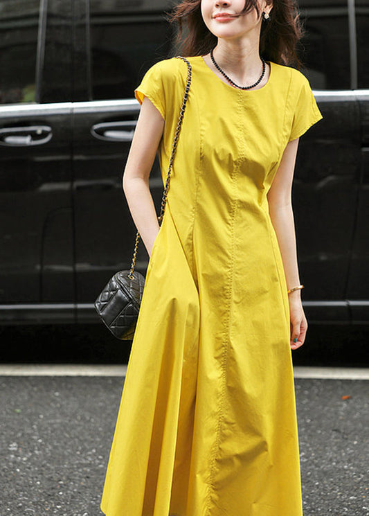 Modern Turmeric Yellow O-Neck Holiday Solid Long Dress Short Sleeve