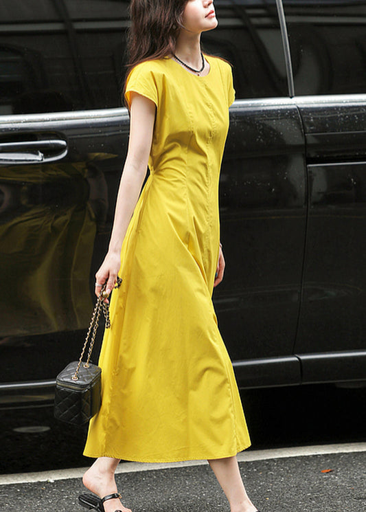 Modern Turmeric Yellow O-Neck Holiday Solid Long Dress Short Sleeve
