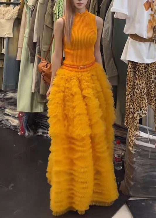 Modern Turtleneck Knit Top And Tulle A Line Skirts Two Pieces Set Summer