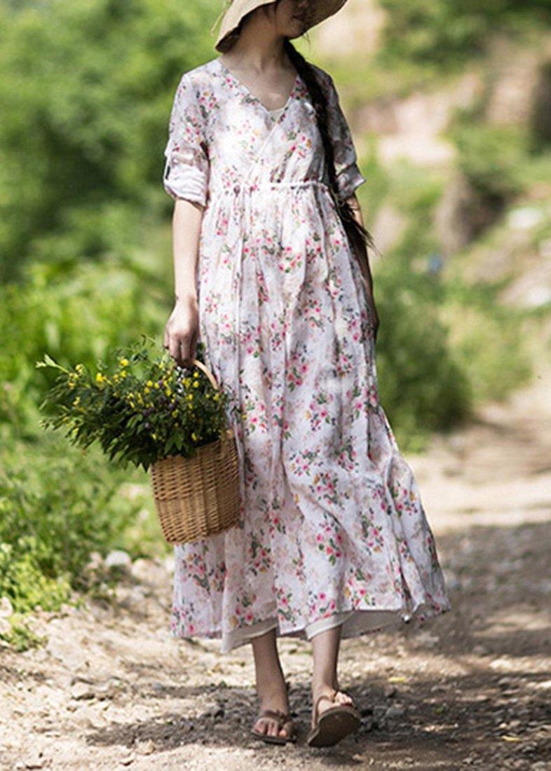 Modern V Neck Drawstring Summer Beige Print Kaftan Dress - SooLinen